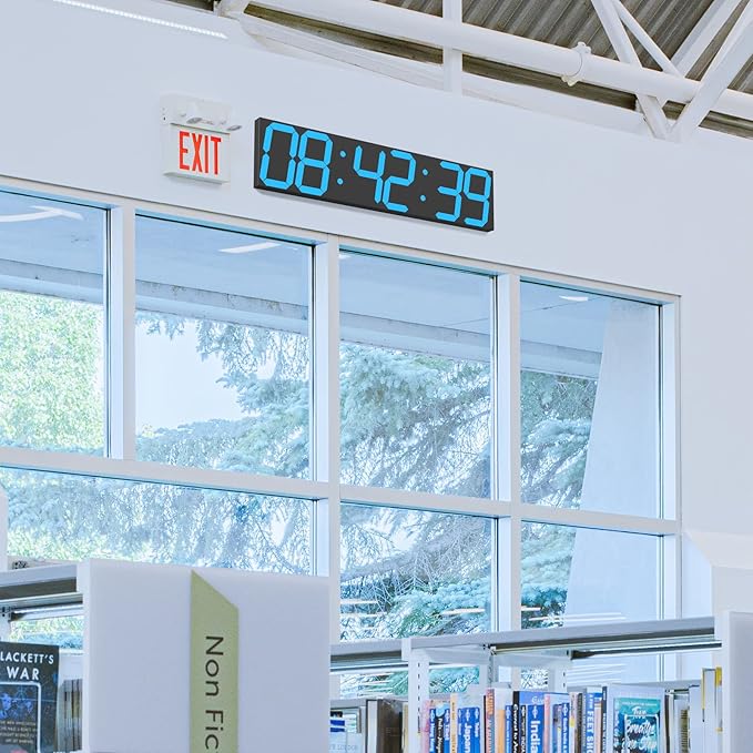 CHKOSDA Digital Wall Clock, Oversize Led Digital Clock Large Display with Auto Dimmer, Huge Countdown Timer with Remote Control, 27" Wide Display, 6 Digits, Wall Mount, Date and Temperature(Ice Blue)