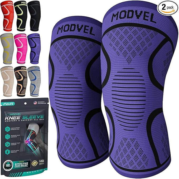 Modvel Compression Knee Brace for Women & Men - 2 Pack Knee Brace for Women Running Knee Pain, Knee Support Sleeve, Workout Sports Braces for Meniscus Tear ACL & Arthritis Pain Relief Purple XXX-Large