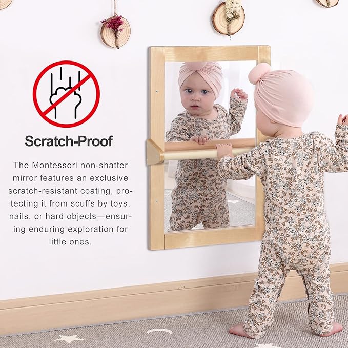 Baby Montessori Wooden Frame Non-Shatter Safety Mirror w/ 2 Pull Up Bars, Infant Coordination Small Mirror for 6-18 Months (Natural)