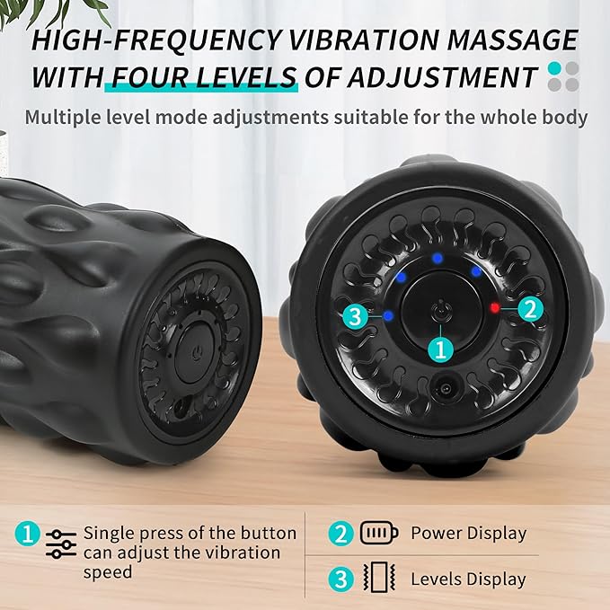 High-Density Vibrating Foam Roller Black with 4 Customizable Speeds for Deep Tissue Massage, Muscle Recovery and Pain Relief -Rechargeable with Massage Backpack