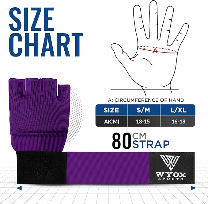WYOX Gel Boxing Hand Wraps Inner Gloves for Men & Women – 80cm Quick Wrist Strap, Padded Knuckle Support, Fingerless MMA Muay Thai Kickboxing Wraps for Training, Punching & Martial Arts