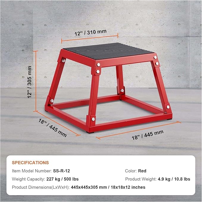 12 Inch Plyo Box - Steel Jump Box for Fitness, Agility & Strength Training - Non-Slip Plyometric Platform - Home Gym Equipment - Red