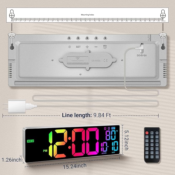 16.5" Large Digital Wall Clock: 11 RGB Color LED Display with Remote Control, Auto DST, Temperature & Date, Big Number Wall Clock for Seniors, Classroom, Office, Gym, Home Decor Gray