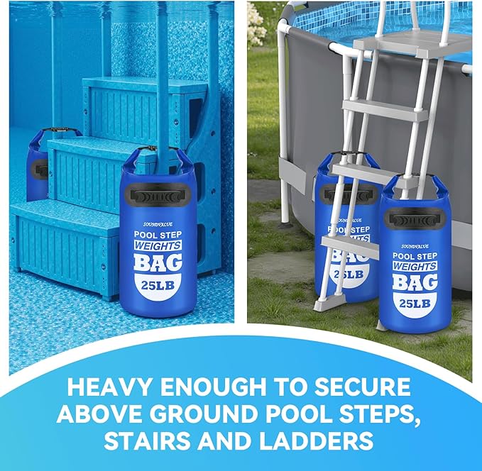 2 Pack 25lb Heavy Duty Pool Ladder Weights, Sand Fillable Universal Sand Bags Step Anchors, 500D PVC Durable Waterproof & Foldable Sandbags for Above Ground Swimming Pools Stair (Navy Blue)