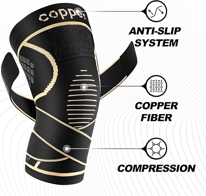 JHVW Copper Knee Brace for Women Men 2-Pack, Knee Compression Sleeve with Straps, Knee Braces for Knee Pain, Knee Support for Running Working