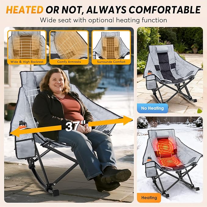 Suteck Heated Rocking Camping Chair - Oversized Heated Camping Chair W/20000mAh Power Bank & Carry Bag, Fully Padded Heated Chairs for Outdoor Sports W/3 Heat Levels for Back & Seat, Lawn Picnic Patio