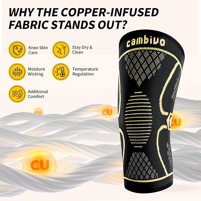 CAMBIVO Knee Brace for Women Men, 2 Pack Knee Compression Sleeve, Knee Support for Meniscus Tear, Running, Weightlifting, Workout, ACL, Arthritis, Joint Pain Relief(Gold, X-Large)