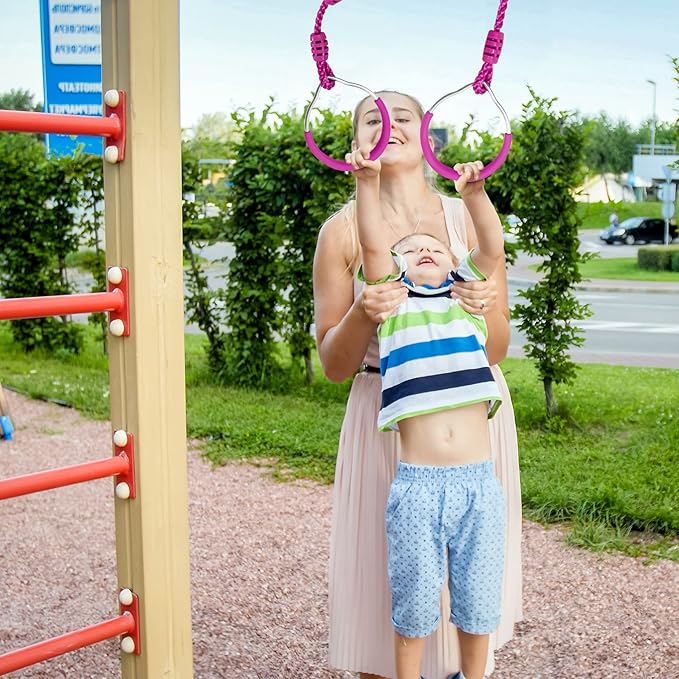 Swing Gymnastic Ring Warrior Obstacle Course Slackline Climb Trapeze Fist Training Equipment, 2 Purple Ninja Monkey Bar Hang Jungle Fist Workout Outdoor Indoor Home Gym Backyard Playground Play Sets