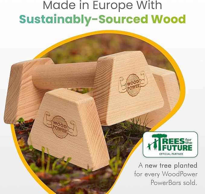 WOODPOWER® - PowerBars, Wooden Parallettes Push Up Bars, Joint-Friendly Beech Wood Calisthenics Equipment for Home, Durable Handstand Trainer Push Up Handles for Floors