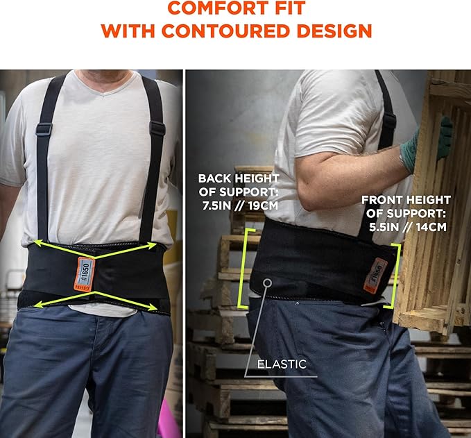 Ergodyne ProFlex 1650 Back Support Belt, 7.5" Elastic, Adjustable, Removeable Straps, Black, 2X-Large