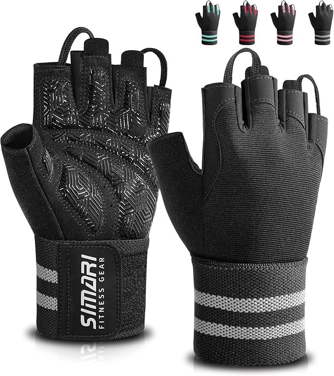 SIMARI Workout Gym Gloves for Men Women, Weight Lifting Gloves with Wrist Wrap Support, SBR Pad Grip for Full Palm Protection, for Exercise, Fitness, Dumbbells, Barbell, Climbing, Fingerless