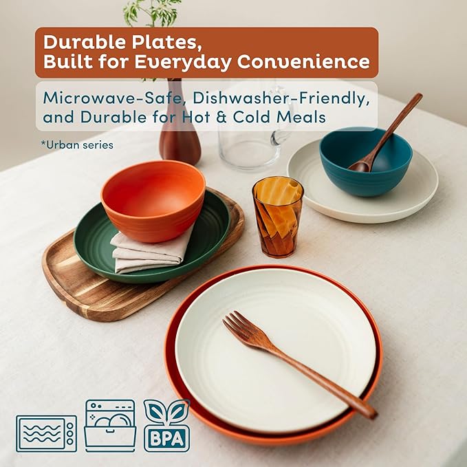 Nook Theory Reusable Wheat Straw Plates 8 Pcs - Non Toxic Kids and Toddler Plate, Microwavable, Dishwasher Safe and Unbreakable Dinnerware (Urban 9")