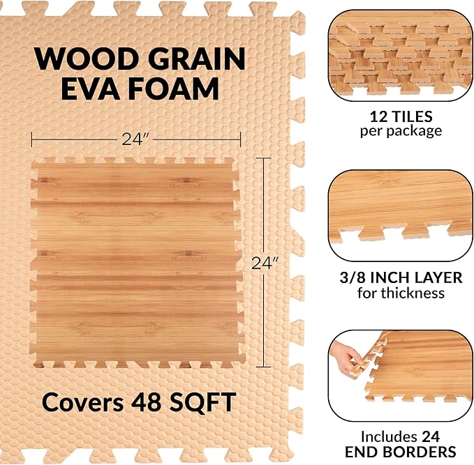 EVA Foam Floor Tiles 12-Pack - 48SQFT Puzzle Mats for Floor - Interlocking Foam Tiles for Family Room or Gym Flooring by Stalwart (Light Woodgrain)