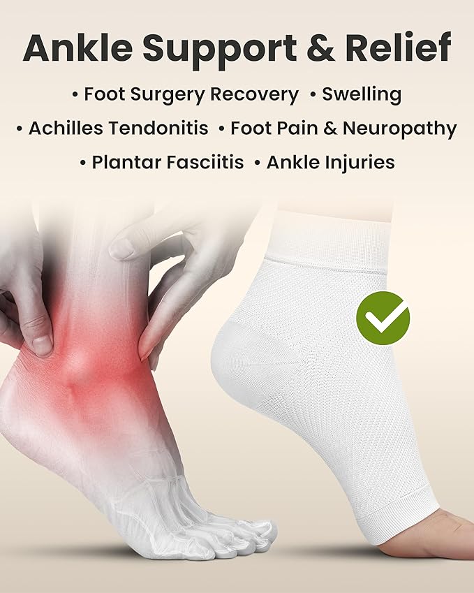 KEMFORD Ankle Compression Sleeve - 1-Pair, Plantar Fasciitis Braces - Open Toe Compression Socks for Swelling, Sprain, Neuropathy, Foot Arch Support for Men and Women - 20-30mmhg, 2XL, White