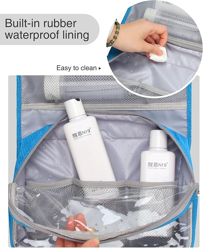 Relavel Travel Hanging Toiletry Bag for Women Men, Large Cosmetic Bags with Compartments, Water-resistant Travel Organizer for Accessories, Shampoo, Full Sized Container, Toiletries (Blue)