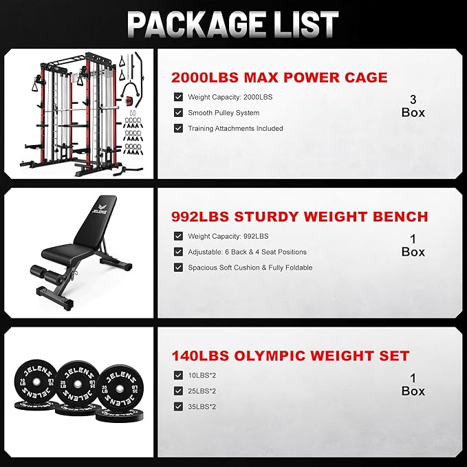 JELENS Smith Machine for Home Gym, Multi-Function M12 Power Cage with Cable Crossover System, Squat Rack with Smith Bar and More Attachment
