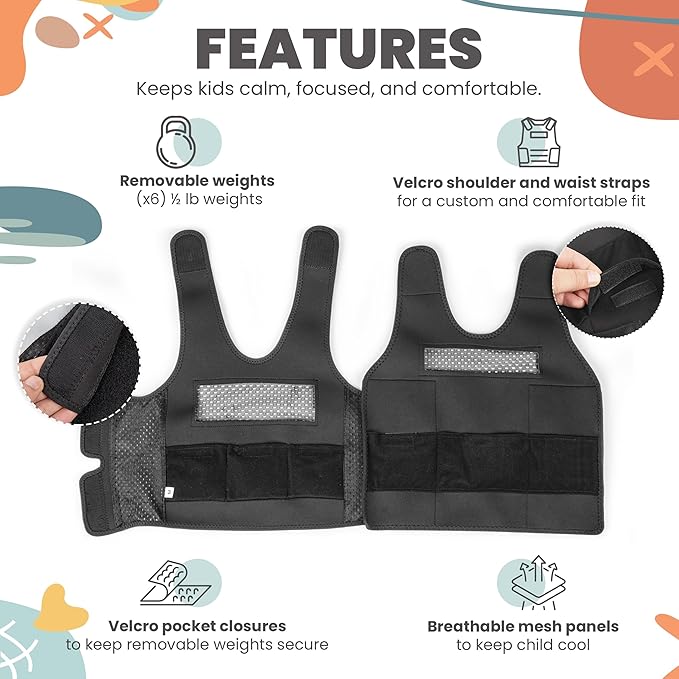 Kids Weighted Vest – 3 lbs Adjustable Compression Vest for Kids with Sensory Issues – Washable, Breathable Sensory Calming Vest for Kids