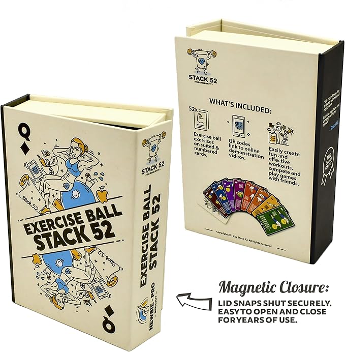 Stack 52 Exercise Ball Fitness Cards. Swiss Ball Workout Playing Card Game. Video Instructions Included. Bodyweight Training Program for Balance and Stability Balls.