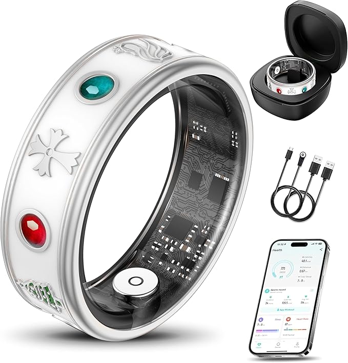 Smart Ring for Men, Fitness & Activity Tracker with Blood Pressure/Heart Rate Monitor, Sleep Tracker, Step Counter, IP68 Waterproof Ring for iOS & Android, Fast Charge, No Subscription (Silver,Size9）
