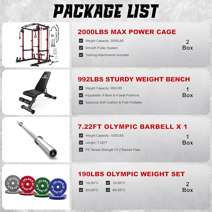 JELENS C12 Squat Rack for Home Gym, 2000LBS Power Rack with Adjustable Pulley System, Power Cage Workout Equipment with LAT Pulldown and Training Attachment