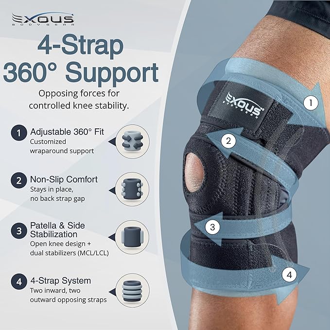 EXOUS BODYGEAR Knee Brace Meniscus Tear Support For Arthritis Acl, Mcl Pain Patented 4-way Adjustable Wraparound Strap Dual Side Stabilizer For Patella Stability Size [medium]