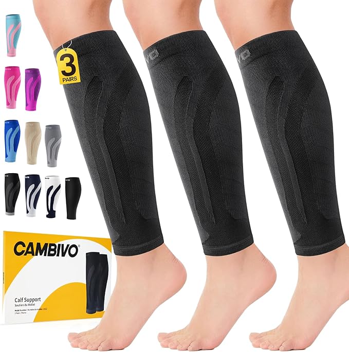 CAMBIVO 3-Pair Calf Compression Sleeves for Men & Women – Footless Socks for Shin Splints & Leg Pain Relief, 1 Pair Available