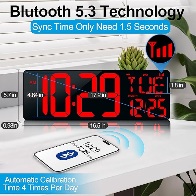 CYMHCHL 17.2" Large Digital Wall Clock Bluetooth Auto Time Sync Digital Clock Large Display Auto-Dimming/DST Led Wall Clock with Date Week Big Timer for Living Room Classroom Garage Gym Decor