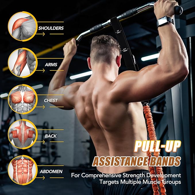 Pull Up Assistance Bands with Foot Support Pedal - Upgraded Heavy Duty Resistance Bands Adjustable Weight/Height with 80Lbs Bands&Measured Strap for Strength Training Home Gym