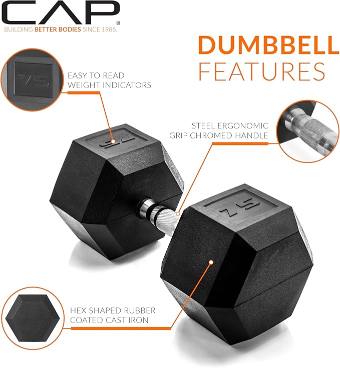CAP Barbell Coated Hex Dumbbell Weight - Single | 10-120 lbs | Multiple Options