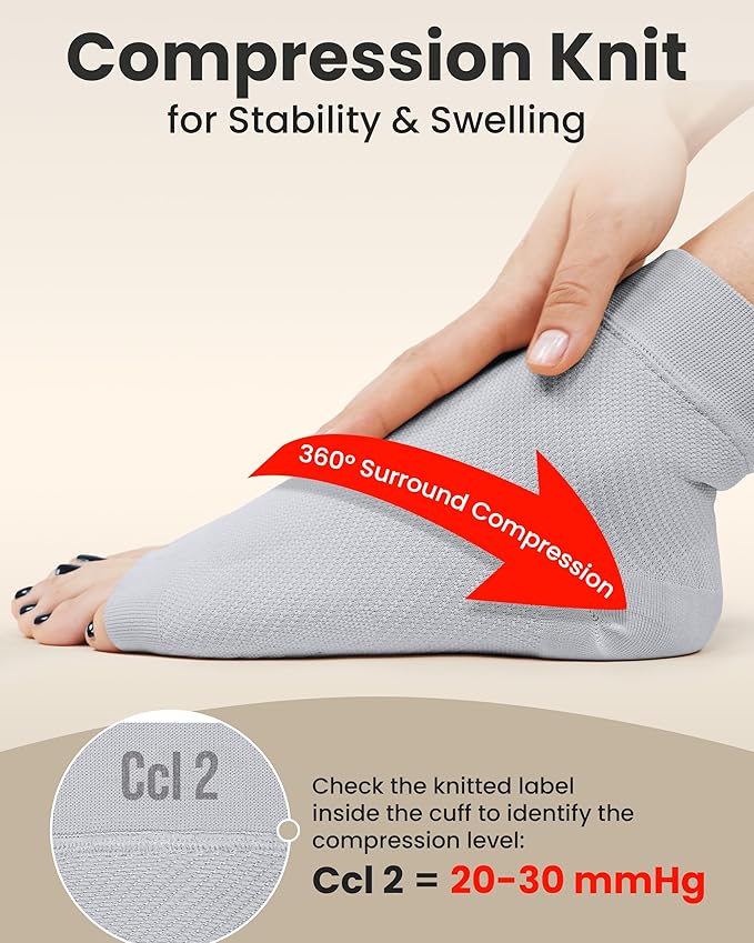 KEMFORD Ankle Compression Sleeve - 1-Pair, Plantar Fasciitis Braces - Open Toe Compression Socks for Swelling, Sprain, Neuropathy, Foot Arch Support for Men and Women - 20-30mmhg, M, Grey