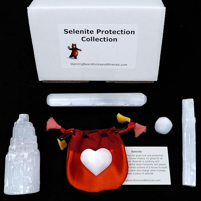 DANCING BEAR Selenite Protection Collection (7 pc Set): Palm Stone Heart, Tower, 5" Stick, 5.5" Massage Wand, and a Sphere, Hand-Made upcycled Silk Bag, and ID Card in Gift Box