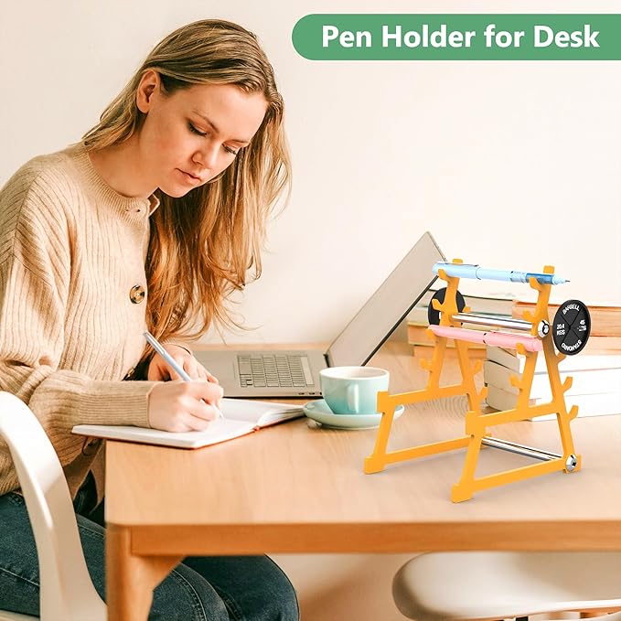 Metal Squat Rack Pen Holder with 8 Slots Mini Metal Barbell & Plastic Weight Blocks Holder Mini Barbell Desk Toy Funny Office Decor for Men Women Cool Pen Holder Gifts for Men (Yellow)