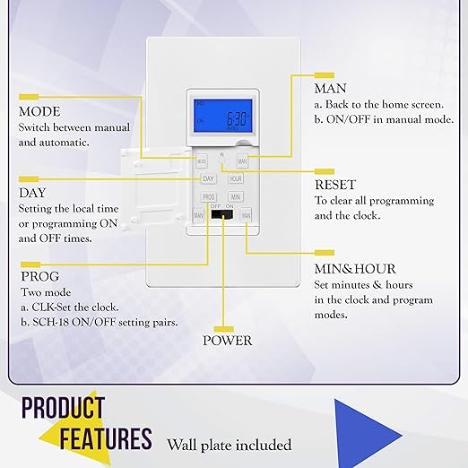 Enerlites 7 Days Digital in-Wall Programmable Timer Switch for Lights, Fans, and Motors, Single Pole, Neutral Wire Required, 18 ON/Off Timer Settings, with Blue Backlight, White, Screwless Wall Plate