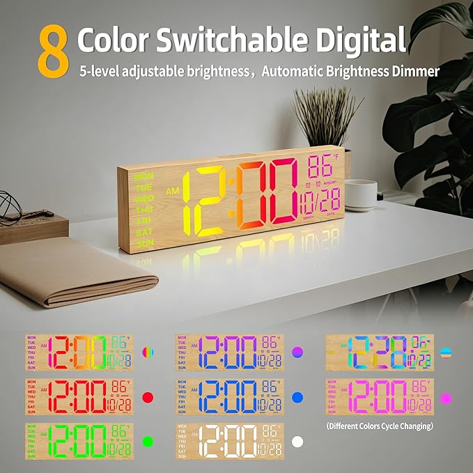 HAITANG 16.2" Large Digital Clock， 8 Colors Decorative Wood Wall Clock with Temperature, Date, Auto DST, Night Light, Auto Brightness Dimmer, 24/12-hour Wall Clock for Living Room Classroom Gym