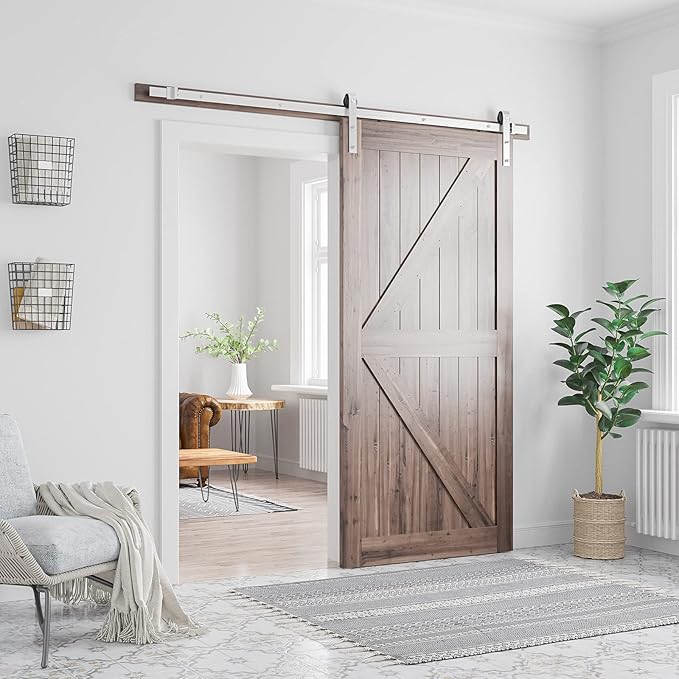 SMARTSTANDARD 7 Feet Brushed Nickel Barn Door Hardware Kit-Heavy Duty Sliding Track-Smoothly and Quietly-Easy to Install-Fit 42" Wide Door Panel (J Shape Hanger)