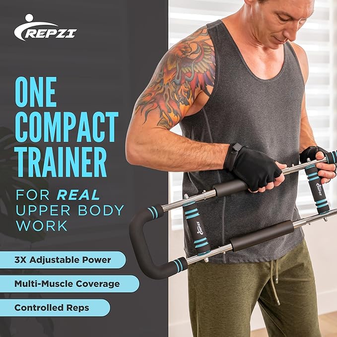 Premium Twister Arm Trainer by REPZI for Chest Workout Equipment 30 to 160 lb, Adjustable 3 Resistance Levels Arm Trainer for Men & Women, Home Gym Upper Body Workout Equipment with Gloves & Carry Bag