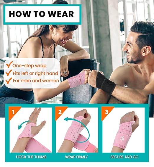 HiRui Wrist Wraps 2-Pack, Adjustable Breathable Wrist Support Brace for Men & Women – Pain Relief for Carpal Tunnel Syndrome, Tendonitis, Arthritis, Sports, Workouts – Fits Left & Right Hand (Pink)