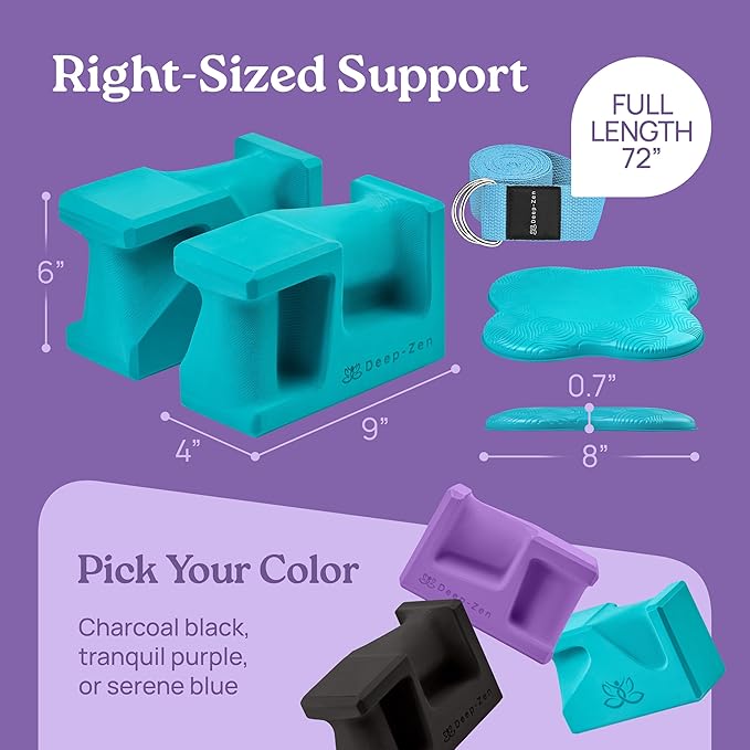PRO Yoga Blocks | Ergonomic Yoga Block 2 Pack for Wrist Comfort and Support | EVA Foam Exercise Blocks, 2x Knee Pads & Yoga Strap | Pilates Block Set | Bricks to Eliminate Wrist Pain
