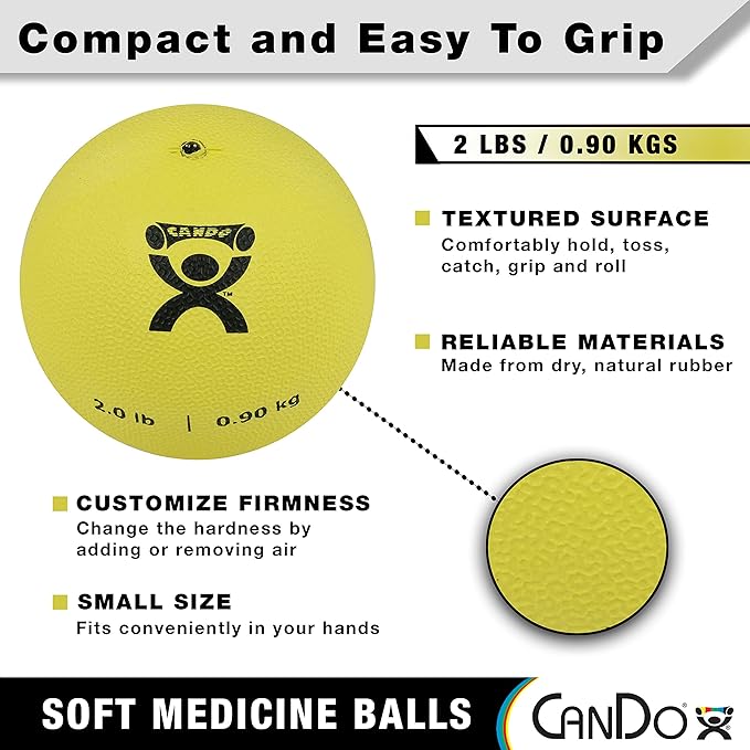 CanDo Soft Medicine Ball 5" Diameter 2lb Yellow Exercise Ball for Physical Therapy and Fitness Exercises, Easy Grip Rubber Weighted Ball for Workouts