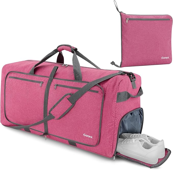 Gonex Large Foldable Travel Duffle Bag with Shoes Compartment, Packable Lightweight Water Repellent Duffel Bag for Camping Gym Weekender Bag