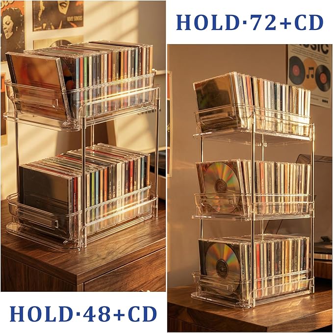 Clear CD Organizer, 2-Tier Sliding Drawer Storage Shelf - Holds 48 CDs, Versatile Organizer for VCDs DVDs CDs, Cosmetics, Cups (2-Tier)