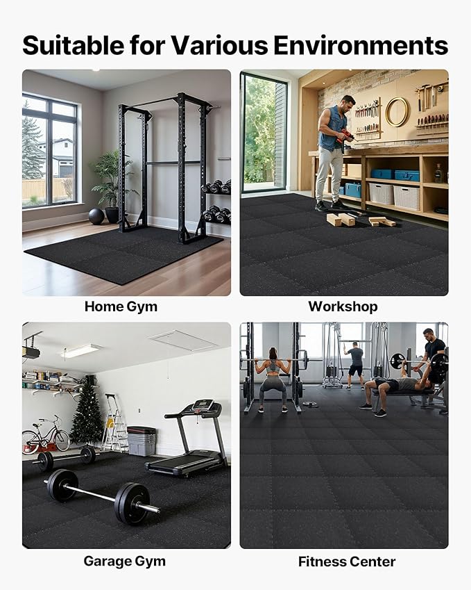 VEVOR 0.56Inch 96sq.ft 24 Tiles Gym Flooring for Home Gym, Rubber Top with High Density EVA Foam, 24 x 24In Gym Floor Exercise Equipment Mats, Interlocking Gym Mats, Puzzle Workout Mats, Black & Gray