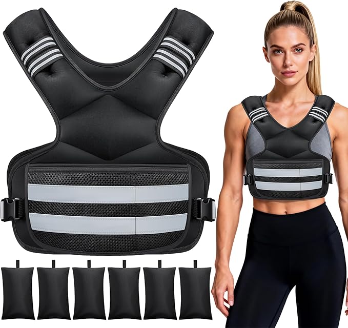 Adjustable Weighted Vest 4-11lb/11-18lb/20-32lb, Weight Vest for Women and Men with 6 Ironsand Bags, Storage Pocket and Reflective Stripes for Walking, Workout and Strength Training