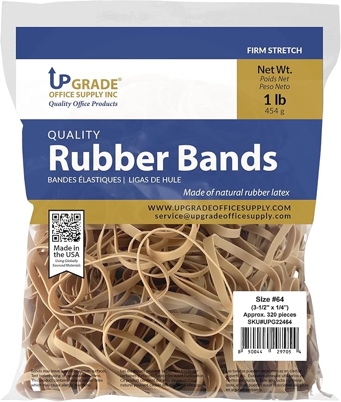 Upgrade Office Supply UPG22464PK3 Rubber Bands, Size #64 (3-1/2 in x 1/4 in), 320 Bands, 1 lb Bag, 3 Pack, USA