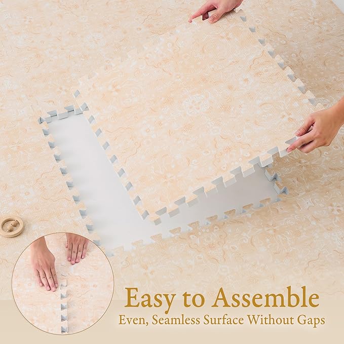 PopsyKosy Premium Baby Floor Play Mat - Extra Thick & Cushioned 1 inch Playroom Foam Mat, Non-Toxic Odorless - 6 Tiles - Spacious 6x4 ft. - Stylish & Large, Waterproof for Kids & Toddlers - Light Apricot