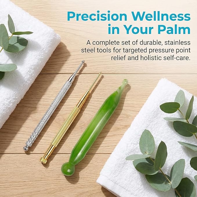 Audoloku 4PCS Massage Tools Acupuncture Pen Self Massage Gua Sha Pointing Pen with Silver Stainless Steel Ear Point Acupuncture Pen with Gold Double Headed Ear Massage Pen