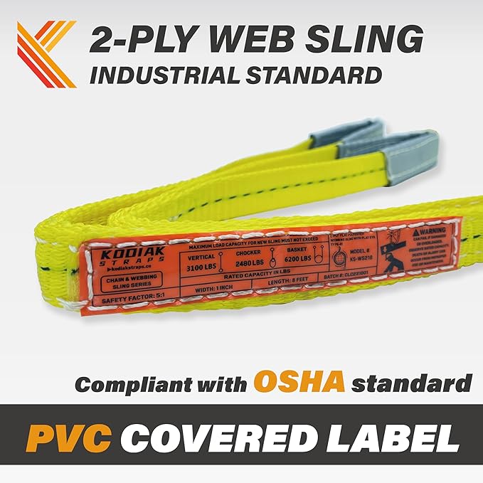 2-Ply Lifting Straps 1”x 6ft Webbing Sling Tree Saver 1Pack Heavy Duty Web Strap Rigging Moving Towing Hoisting Gear KODIAK STRAPS