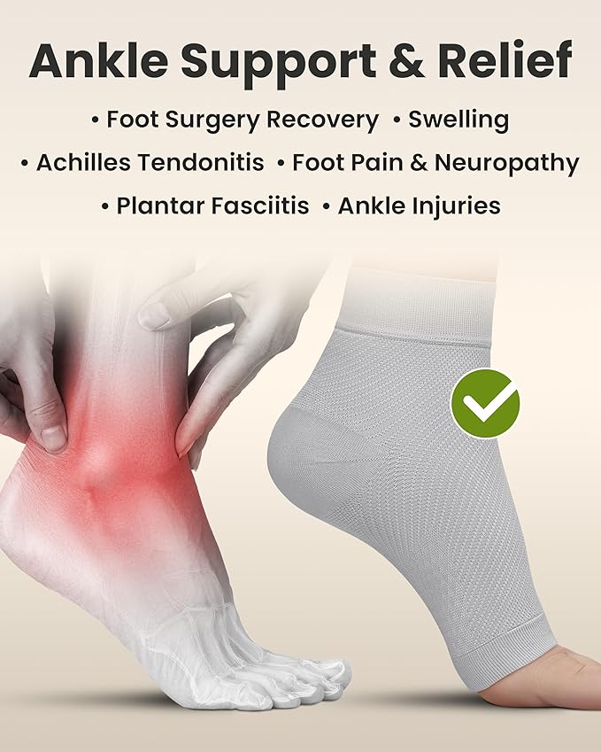 KEMFORD Ankle Compression Sleeve - 1-Pair, Plantar Fasciitis Braces - Open Toe Compression Socks for Swelling, Sprain, Neuropathy, Foot Arch Support for Men and Women - 20-30mmhg, XL, Grey