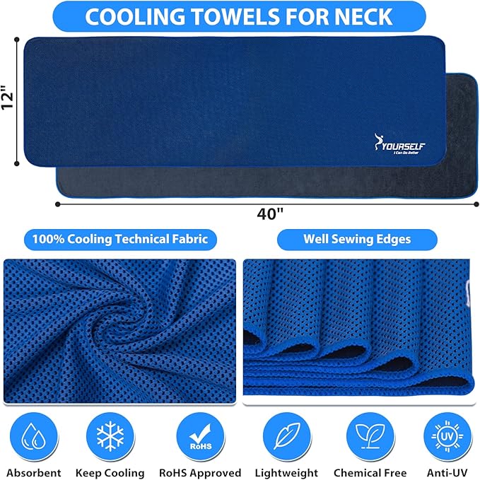 SYOURSELF Cooling Towels for Neck and Face, 4 Pack 40" x 12" Cooling Towel for Hot Weather, Soft Breathable Instant Cool Chilly Pad for Sports Golf Yoga Gym Athletes Camping Ice Towels(Dblue)