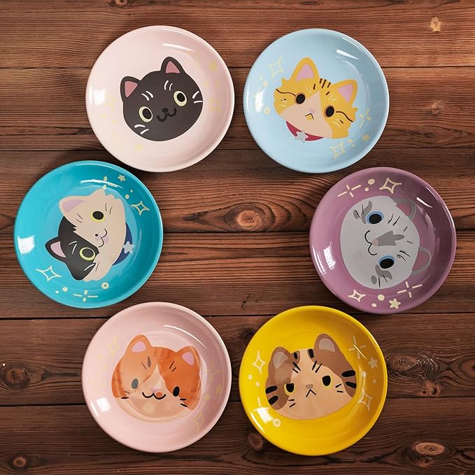 Ceramic Shallow Cat Dish 6 inch, Whisker Fatigue Free Cat Food Bowls, Wide and Small Pet Plate for Kitten and Kitty, Cat Design Gift for Cat Lovers